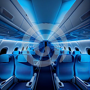 Business Interior Jet Airplane in blue and white color.