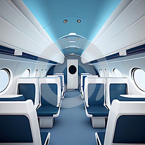 Business Interior Jet Airplane in blue and white color.