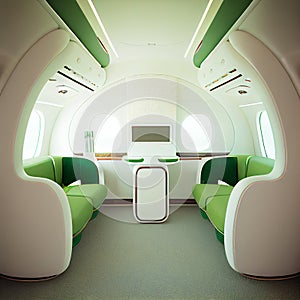 Business Interior Jet Airplane in green and white color.