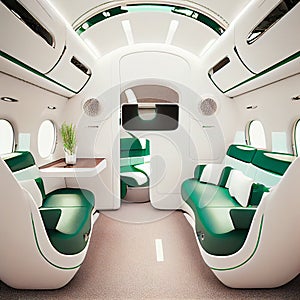 Business Interior Jet Airplane in green and white color.