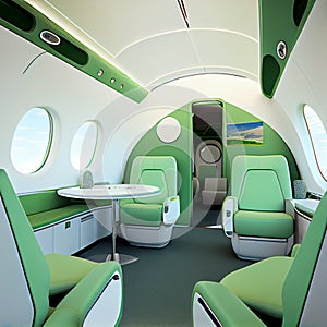 Business Interior Jet Airplane in green and white color.