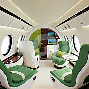 Business Interior Jet Airplane in green and white color.