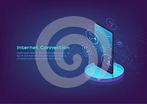 Business internet connection banner design with mobilephone. Global online network signal. Communication technology smartphone