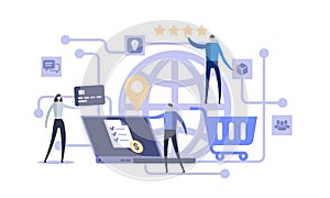 Business internet, online store, shopping laptop Vector illustration Flat design, e-commerce scene people characters