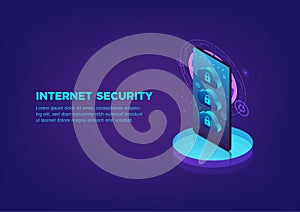 Business internet security connection. banner design with mobilephone