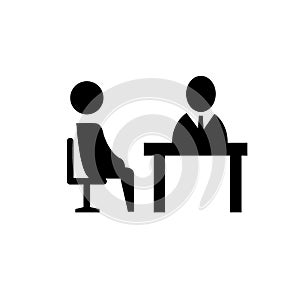 business interview or interogation icon or symbol. two stick people symbol sitting on chairs.