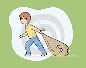 Business Investment And Bring Profit Concept. Young Businessman Is Pulling Bag Full Of Money. Successful Business