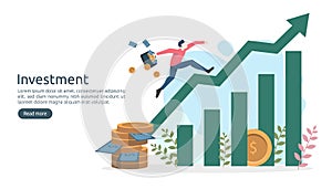 Business investment concept. dollar pile coin, tiny people, money object. graphic chart increase. Financial growth rising up to