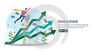 Business investment concept. dollar pile coin, tiny people, money object. graphic chart increase. Financial growth rising up to