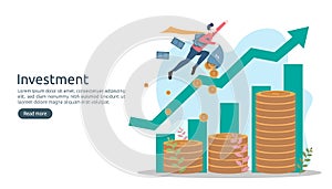 Business investment concept. dollar pile coin, tiny people, money object. graphic chart increase. Financial growth rising up to