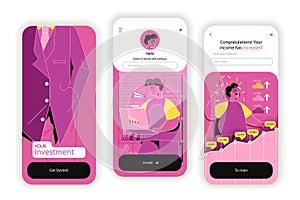 Business investment concept onboarding screens. Successful financial strategy, analysis and earnings growth. UI, UX, GUI user
