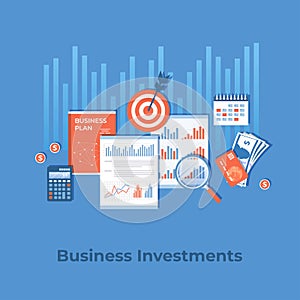 Business investment, financial planning, strategy, management. Diagram graph chart on documents, business plan, money, calendar