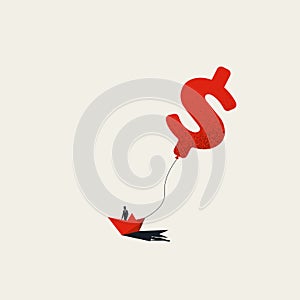 Business investment and floating rate vector concept with businessman on paper boat. Dollar, money symbol.