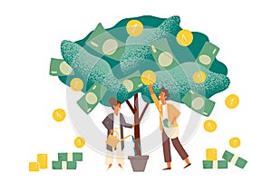 Business investment profit flat vector illustration. Revenue and income metaphor. Businessman and businesswoman