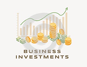 Business investment, rising graph illustration. Growing bar graph and arrow, increasing income, successful business