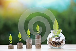 Business investment and saving growth for advertising concept. Plant grow on stacking coin, glass bottle on wooden desk with gree