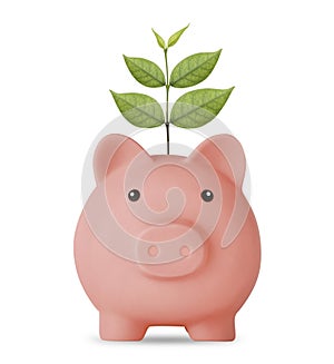 Business investment and saving growth for advertising concept. Plant growing on piggy bank on isolated and white background studio