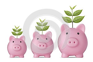 Business investment and saving growth for advertising concept. Plant growing on pink piggy bank on isolated and white background s