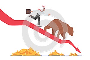 Business Investor on Drop Arrow with Bear Going Down the Chart. Stock Market at Crisis, Money Loss Panic at Coronavirus