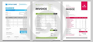 Business invoice form template. Invoicing quotes, money bills or price invoices and payment agreement design templates photo