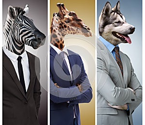 Business - its a jungle out there. Conceptual image of animal heads on business people.