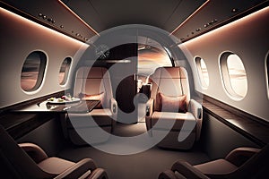 business jet aircraft cabin, with executive leather seats and sleek design, showing luxury interior