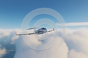 Business jet airplane flying on a high altitude above the clouds. Neural network AI generated