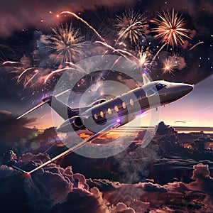 Business Jet Flying High in Sky Amidst Fireworks at New Year Festival, Luxurious Private Jet Soaring