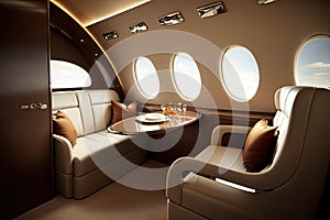 business jet interior, with plush seating and sleek design elements