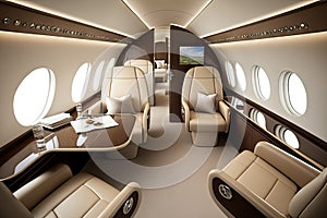 business jet interior, with plush seating and sleek design elements