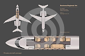 Business jet interior. Private aircraft map. Top view of regional plane. Plane seats scheme. 3d drawing of transport