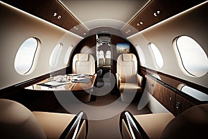 business jet interior, with sleek and modern design features, including leather seats and state-of-the-art entertainment