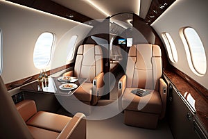 business jet interior with sleek and modern design, featuring leather seats and polished metal accents