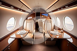 business jet interior with sleek and modern design, featuring leather seats and polished metal accents