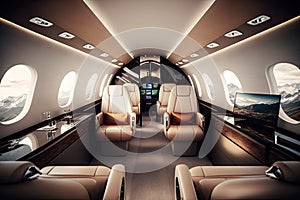 business jet interior with sleek and modern design, featuring leather seats and polished metal accents