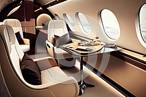 business jet interior with sleek and modern design, featuring leather seats and polished metal accents