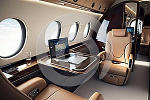business jet interior with sleek and modern design, featuring leather seats and touchscreens