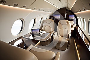 business jet interior with sleek and modern design, featuring leather seats and touchscreens