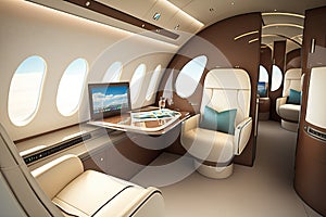 business jet interior, with sleek and modern design, featuring plush seating and touchscreens