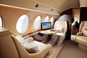 business jet interior, with sleek and modern design, featuring plush seating and touchscreens