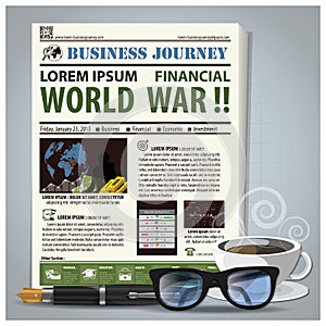 Business Journey Newspaper Lay Out With Pen, Glasses, Coffee