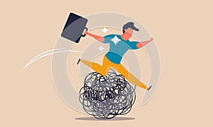 Business jump difficulty and crisis problem. Man overcome trouble and barriers breakthrough vector illustration concept. Obstacles