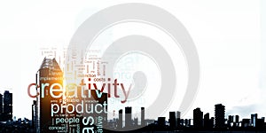 Business keywords collage cityscape background