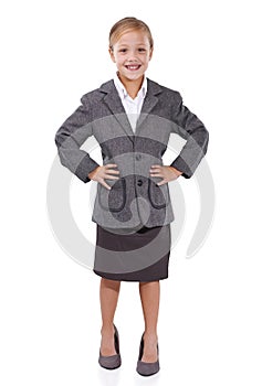 Business, kid and confidence in studio portrait, pretend employee and playing corporate game. Female person, girl and