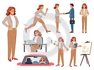 Business lady. Cartoon office woman character, various poses and actions, manager works, talks on phone, makes