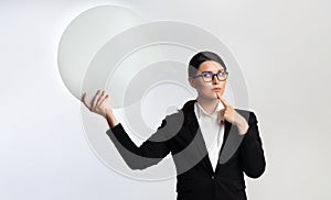 Business Lady Hodling Empty Speech Bubble Thinking Over White Background