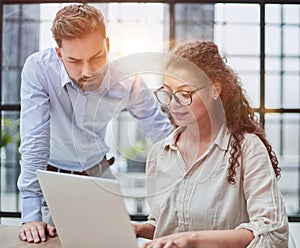 business lady looking at laptop with her colleague in the office