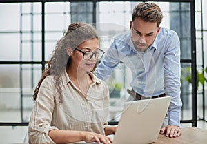 business lady looking at laptop with her colleague in the office photo