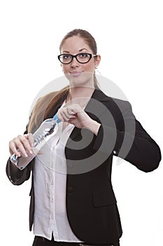 Business lady opens water bottle