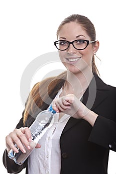 Business lady opens water bottle